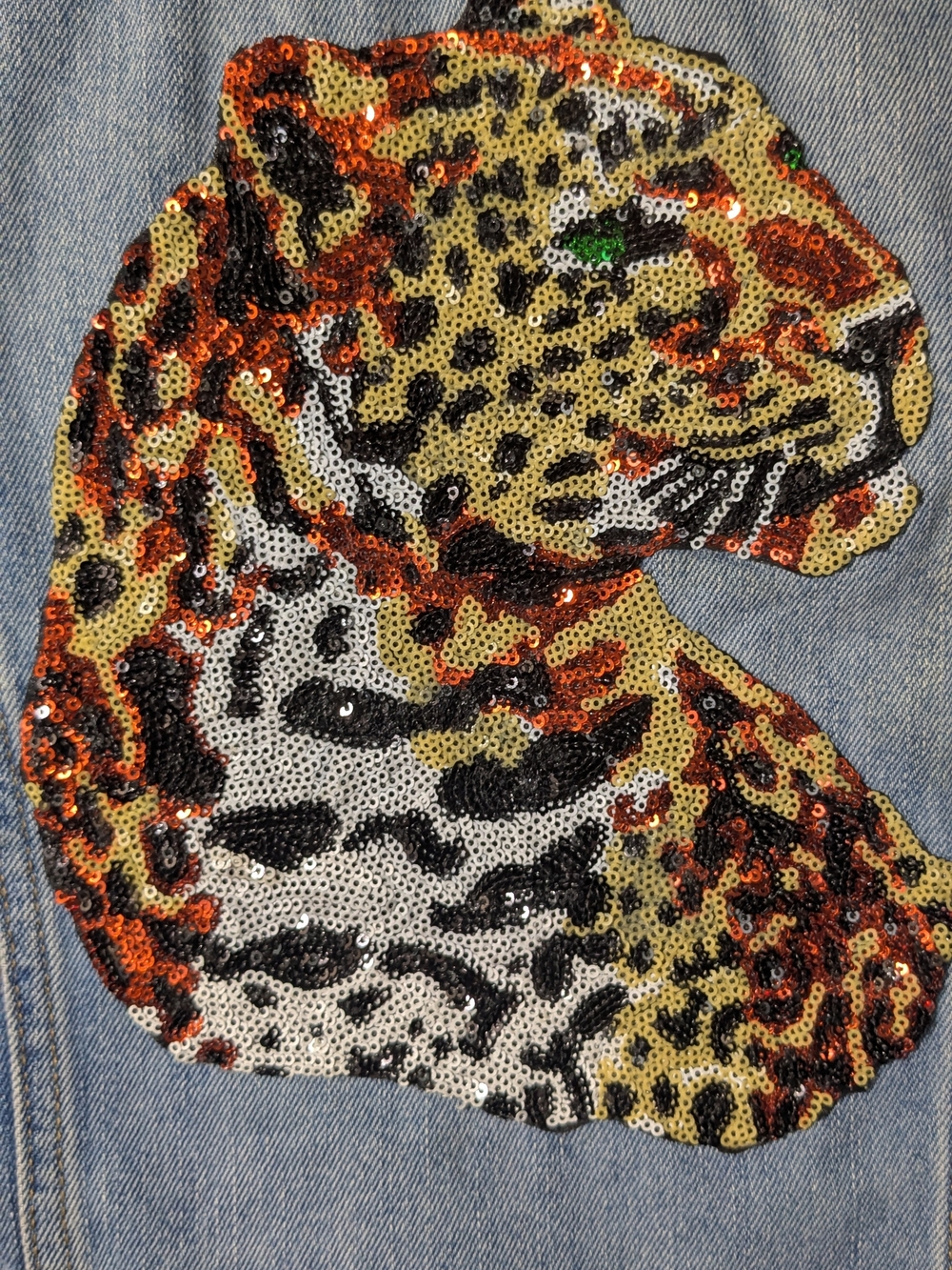 Old Navy Light Blue Denim Jacket with Sequined Leopard Motif - Picture 2 of 6